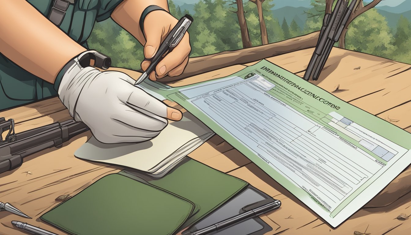 A person holding a hunting license certificate and filling out a form with personal information