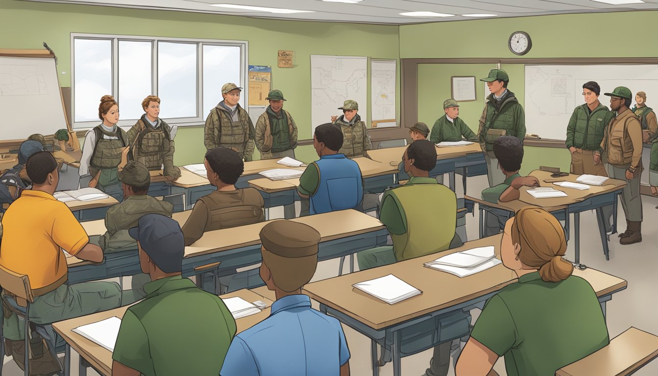 A group of individuals in hunter education attire gather in a classroom setting, listening to an instructor. Maps and hunting gear are displayed