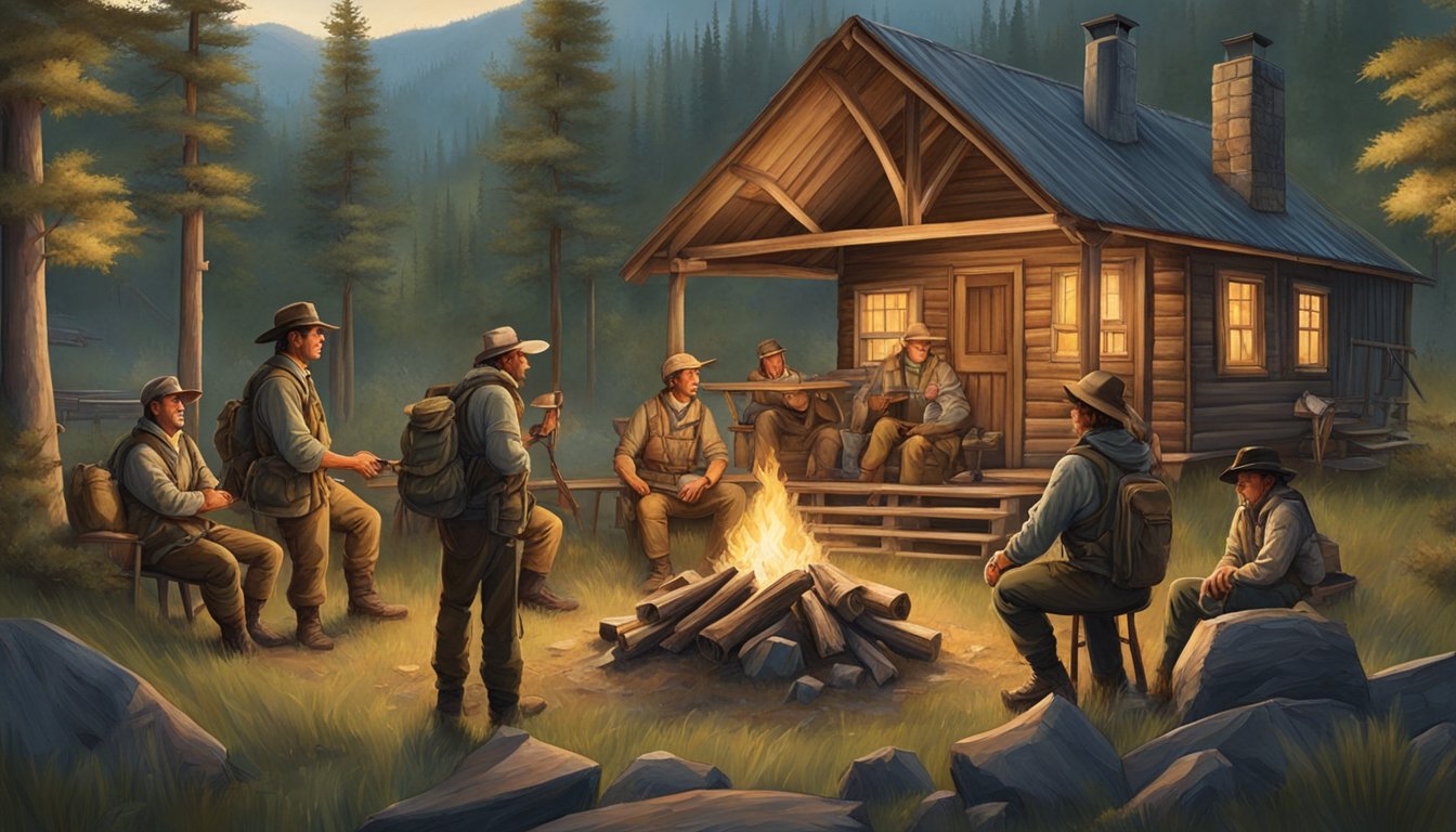 A group of hunters gather around a campfire, surrounded by rustic cabins and forested mountains. They engage in educational activities and discussions, fostering a sense of camaraderie and shared passion for hunting