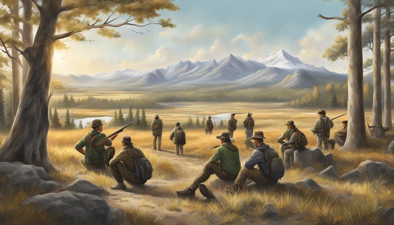 A group of hunters gather in a local setting, discussing education and opportunities. Wildlife and nature are prominent in the background