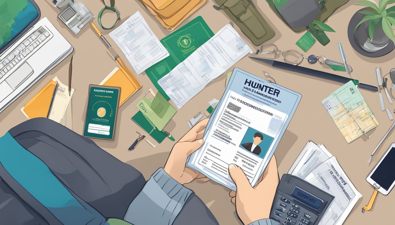 A person holding a hunter education ID card, surrounded by various official documents and credentials