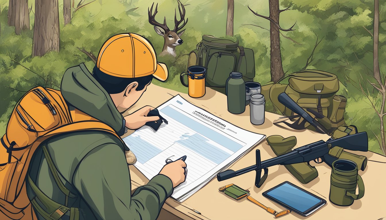 A person filling out a hunter education application online, surrounded by hunting gear and safety equipment