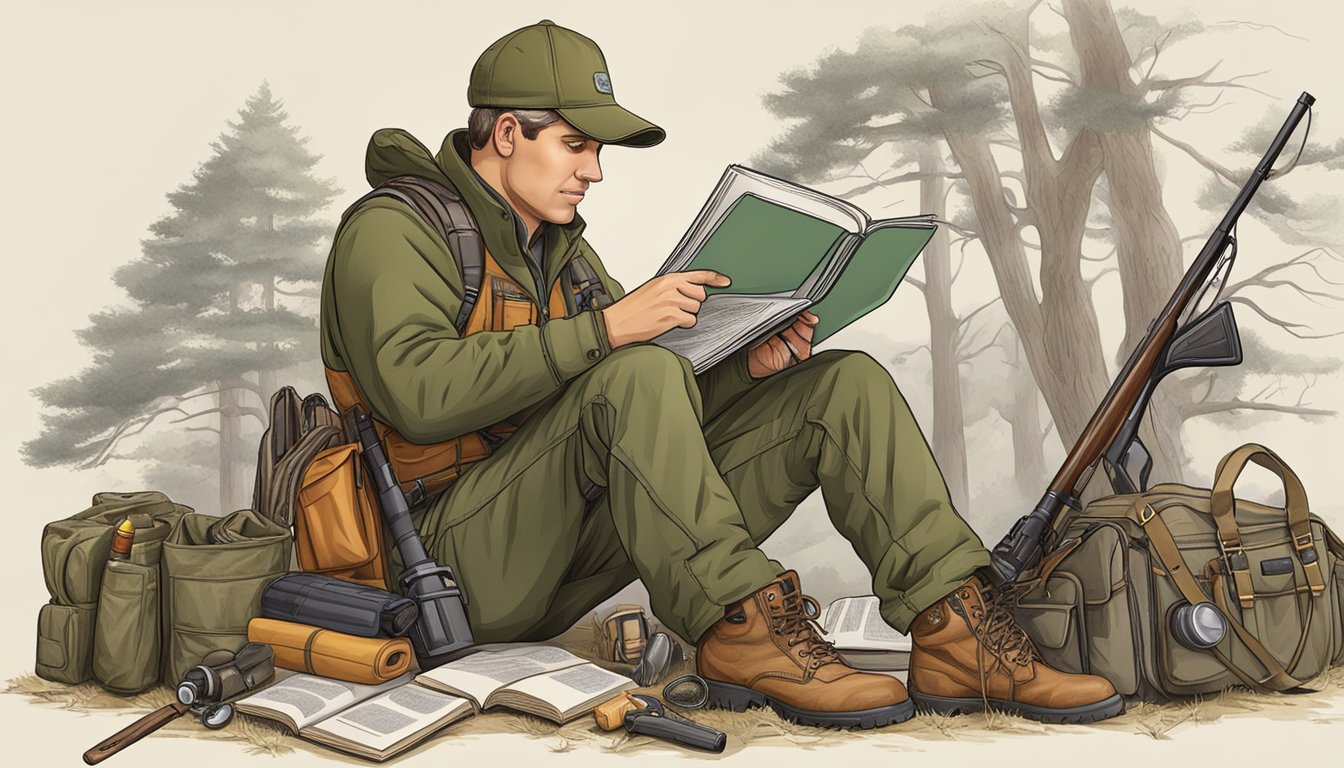 A hunter studying a handbook, surrounded by hunting gear and safety equipment