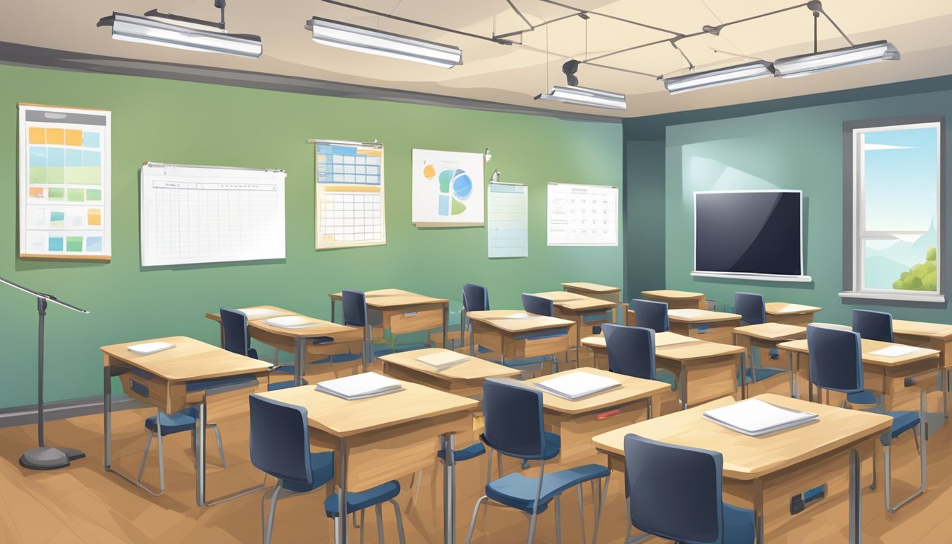 A classroom with desks, a whiteboard, and a projector. A schedule on the wall and registration forms on a table