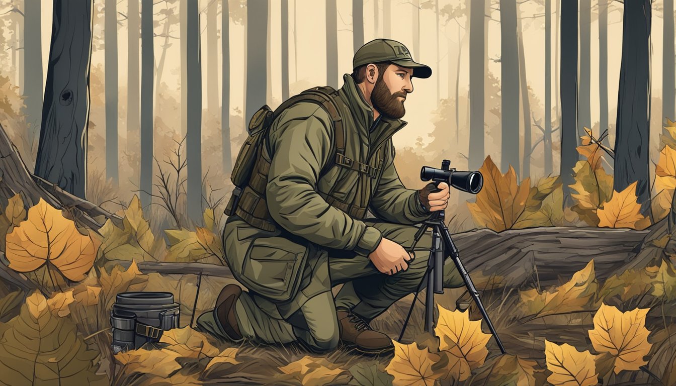 A hunter kneeling in the woods, carefully setting up a camouflage blind and preparing their gear for a day of hunting