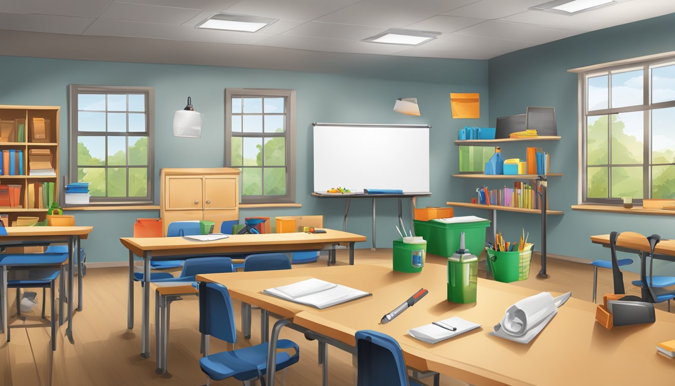 A classroom setting with a whiteboard and educational materials, including hunting gear and safety equipment