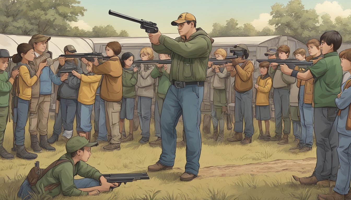 A hunter education instructor standing in front of a group of students, demonstrating proper firearm handling and safety techniques