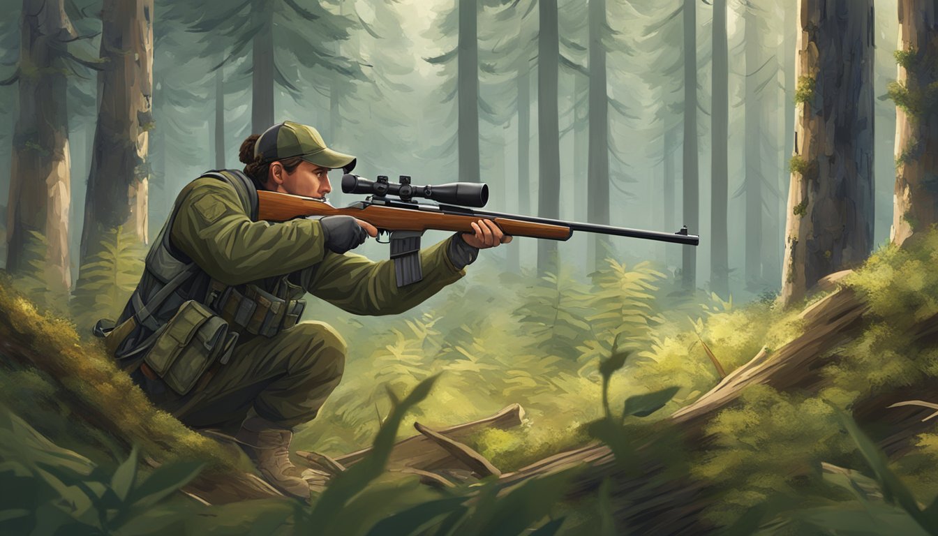 A hunter aiming a rifle at a target in a forest clearing