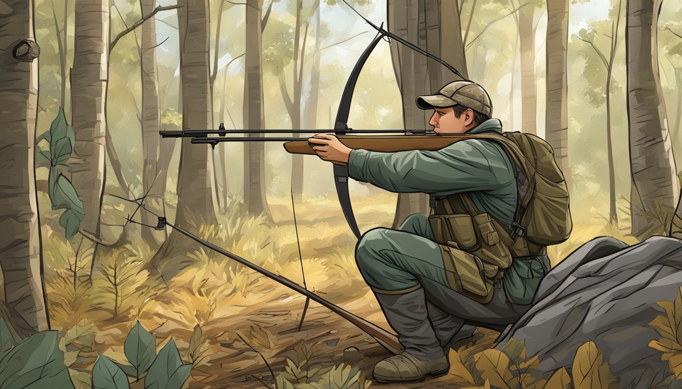 A hunter setting up a camouflage blind in a wooded area, with a bow and arrow and binoculars nearby