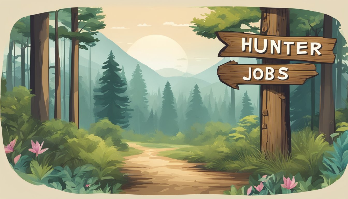 A serene forest clearing with a rustic wooden sign displaying "Hunter Education Jobs" surrounded by trees and wildlife