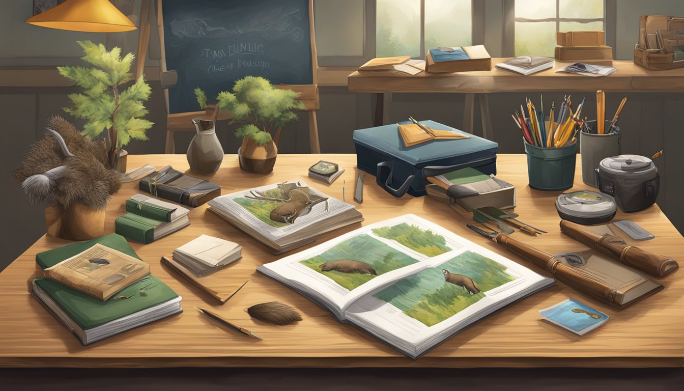 A classroom setting with wildlife posters, hunting gear, and educational materials on a desk