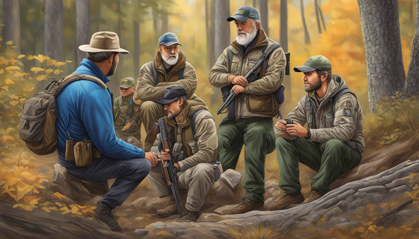 A diverse group of individuals, from beginners to experienced hunters, gather around an instructor, listening attentively and learning about firearm safety and wildlife conservation