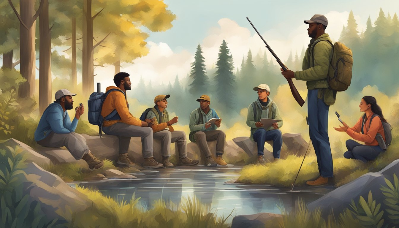 A group of diverse individuals attending a hunter education class, surrounded by nature and wildlife illustrations, engaged in learning and discussion