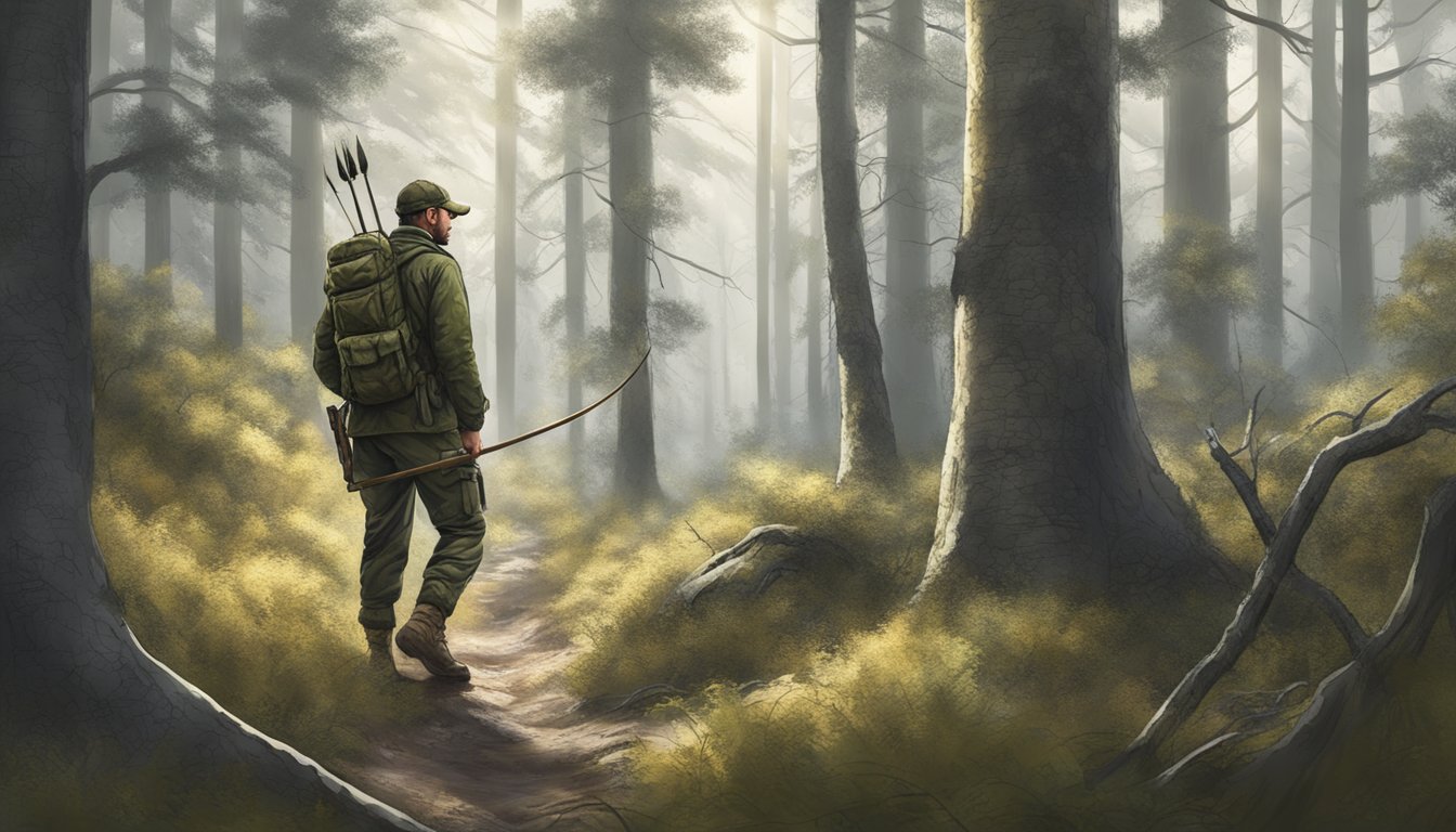 A hunter silently tracking animal footprints through the forest, using camouflage and a bow for a stealthy approach