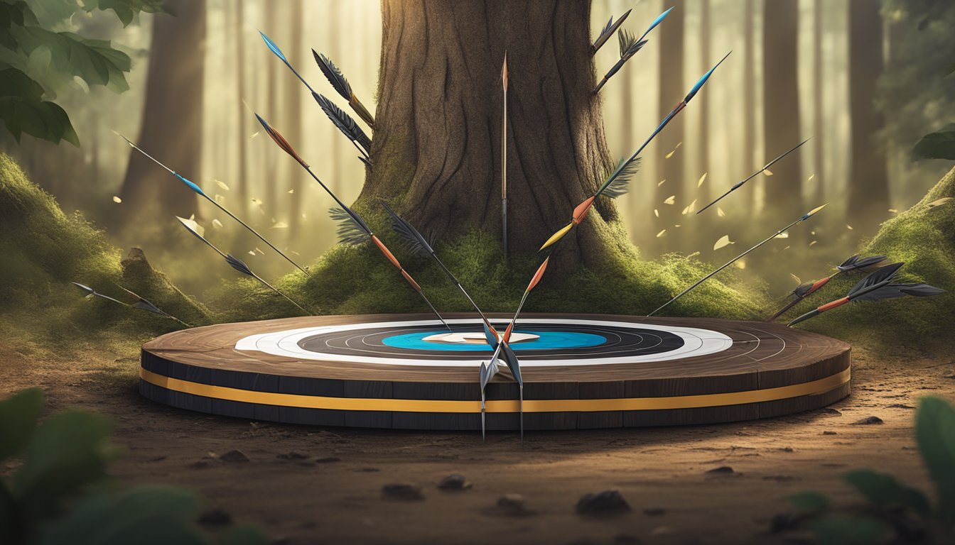 A bow and arrow resting against a tree stump, surrounded by scattered arrows and a target with several bullseye hits