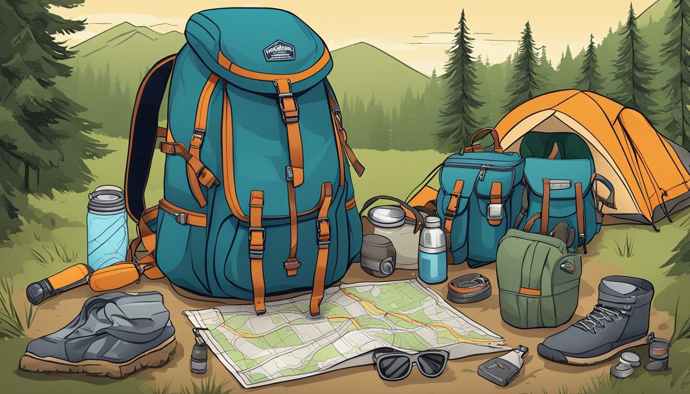 A rugged backpack open on the ground, surrounded by camping gear, a compass, and a map