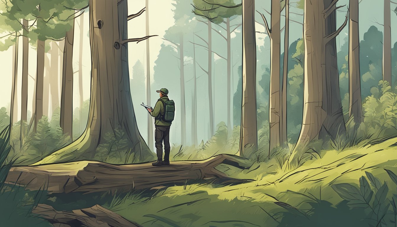 A hunter carefully observes wildlife while taking notes in a forest clearing