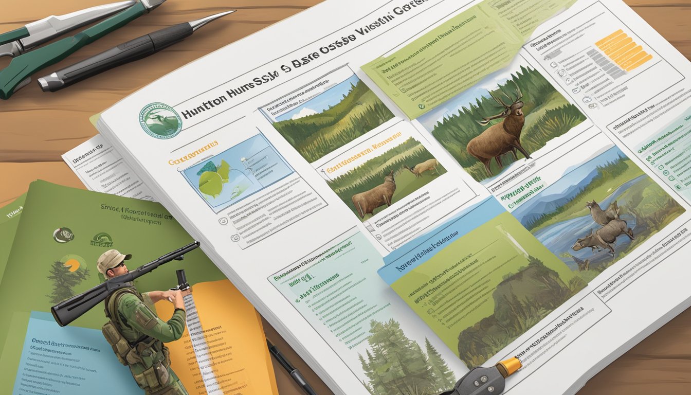 A hunter education license displayed next to a curriculum guide with various topics covered, such as firearm safety, wildlife conservation, and hunting regulations