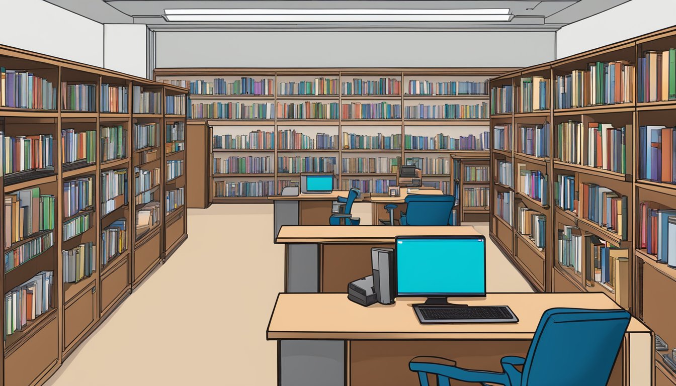 A library with shelves of books and computer stations, with staff and faculty profiles displayed on a digital screen