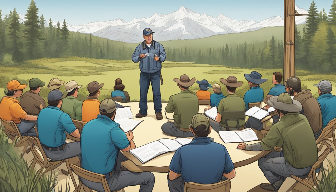 A hunter safety instructor lectures a group on certification and wildlife conservation