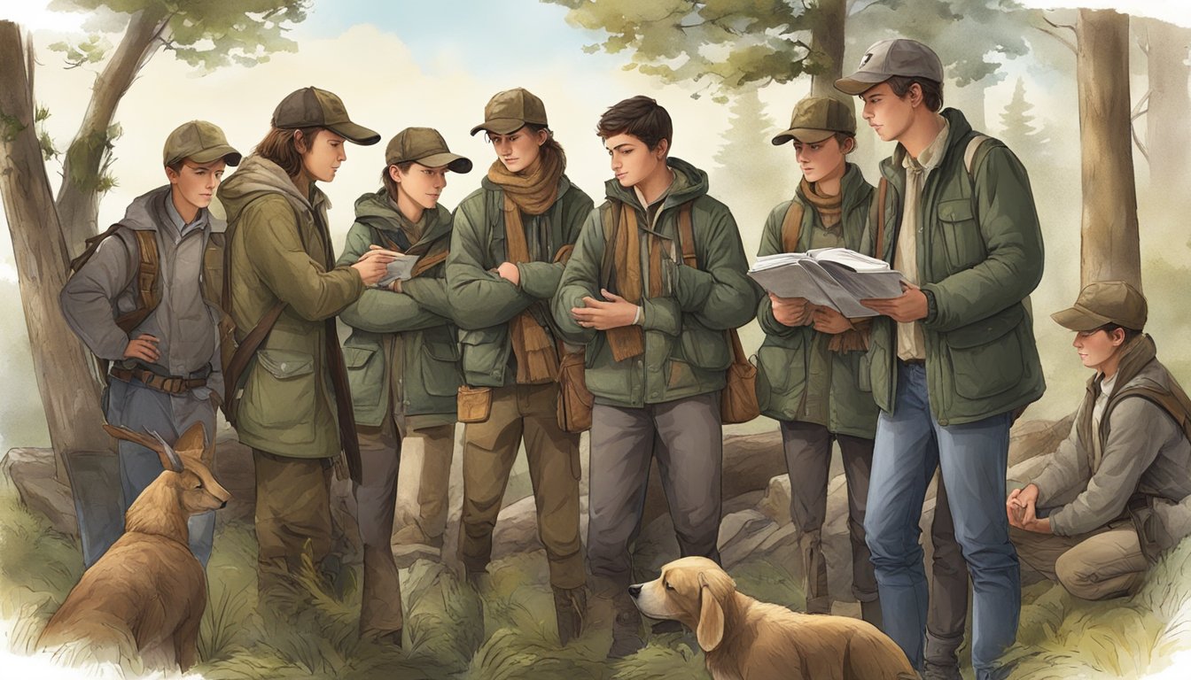 A group of young hunters gather around an instructor, absorbing information from educational materials and interactive demonstrations