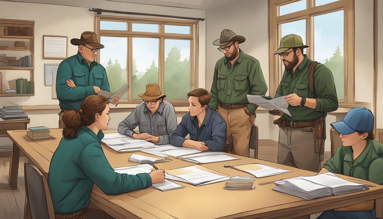 A group of hunter education instructors gather around a table, discussing and reviewing materials. Certificates and educational resources are neatly organized on the table