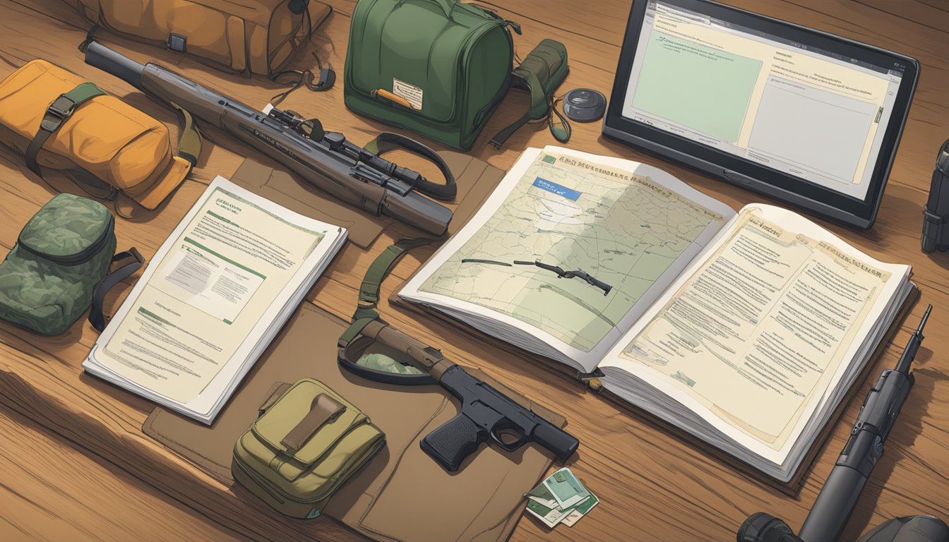 A hunter's safety manual open on a table, surrounded by hunting gear and a computer displaying a "hunter education login" page