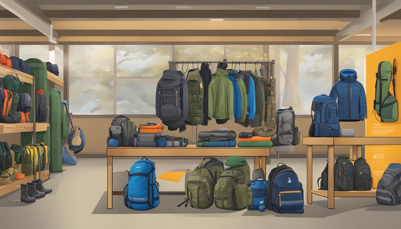 A display of outdoor gear and equipment with "hunter education instructor discounts" signage