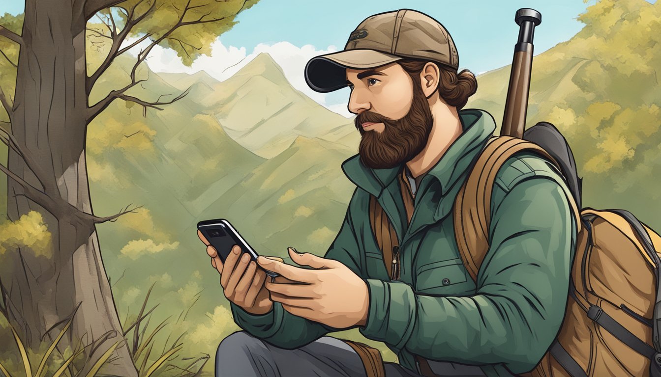 A hunter holding a smartphone, searching for state-specific information on hunter education