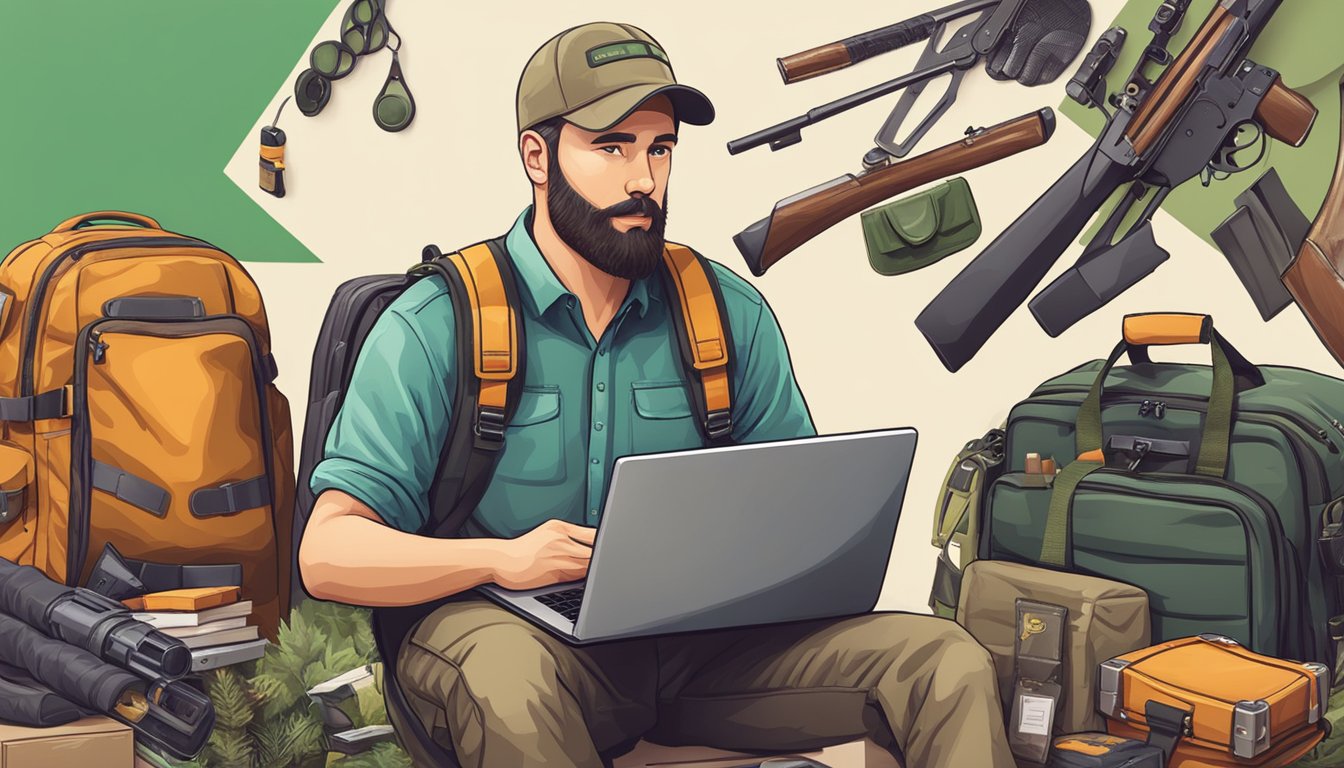 An instructor surrounded by hunting gear and online resources, receiving discounts on delivery services