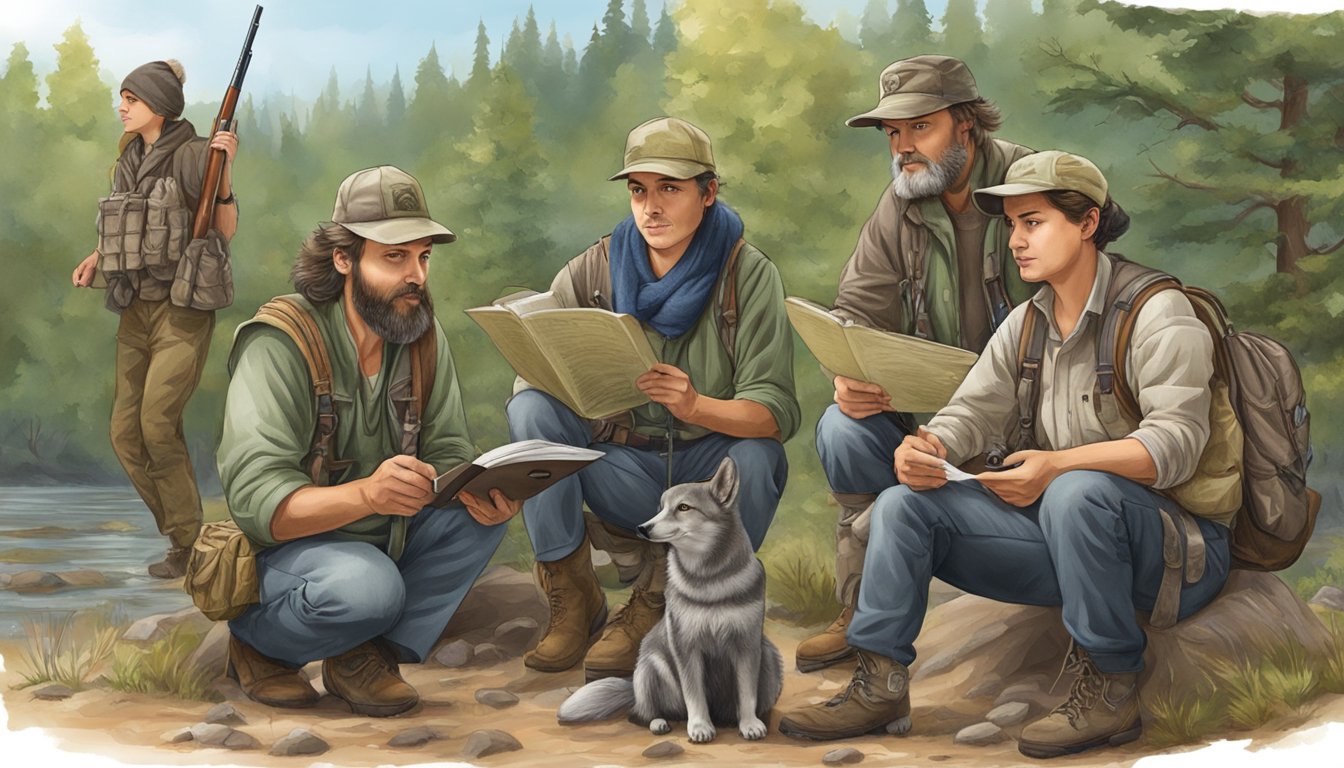 A hunter education class with students, instructor, and educational materials