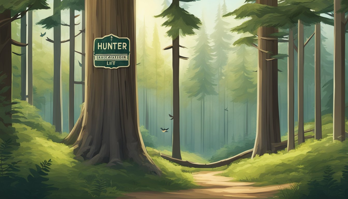 A serene forest clearing with a rustic wooden sign bearing the name "Hunter Education Ltd" nestled among tall trees and chirping birds