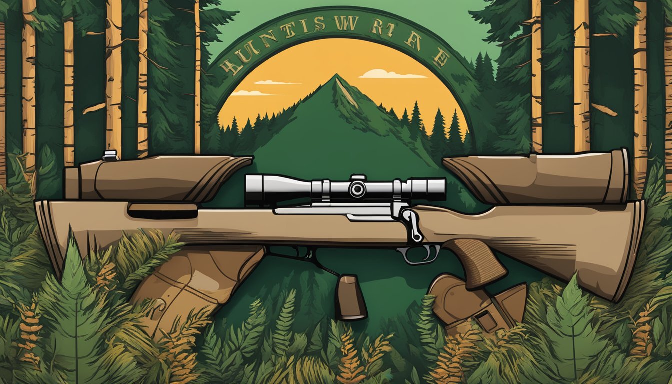 A hunter education logo displayed against a backdrop of a forest and a hunting rifle