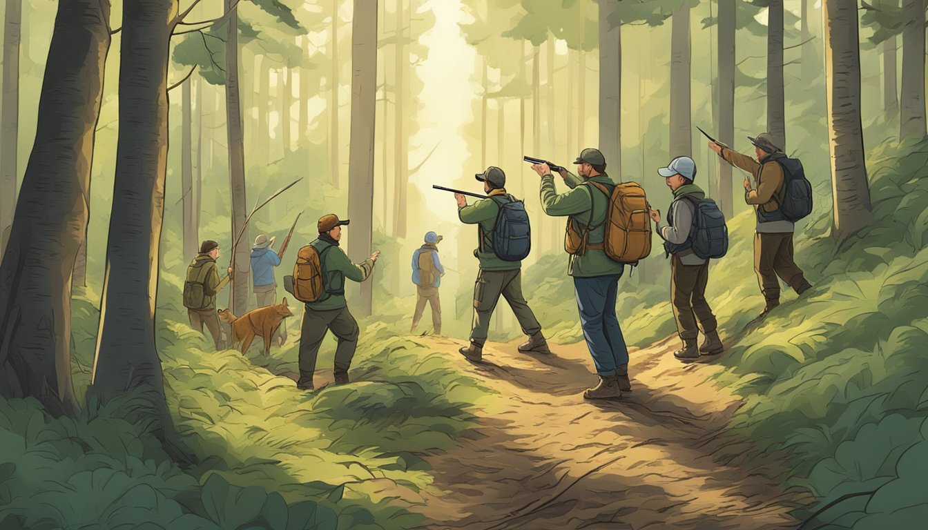 A hunter education instructor leading a group through a forest, pointing out tracks and wildlife