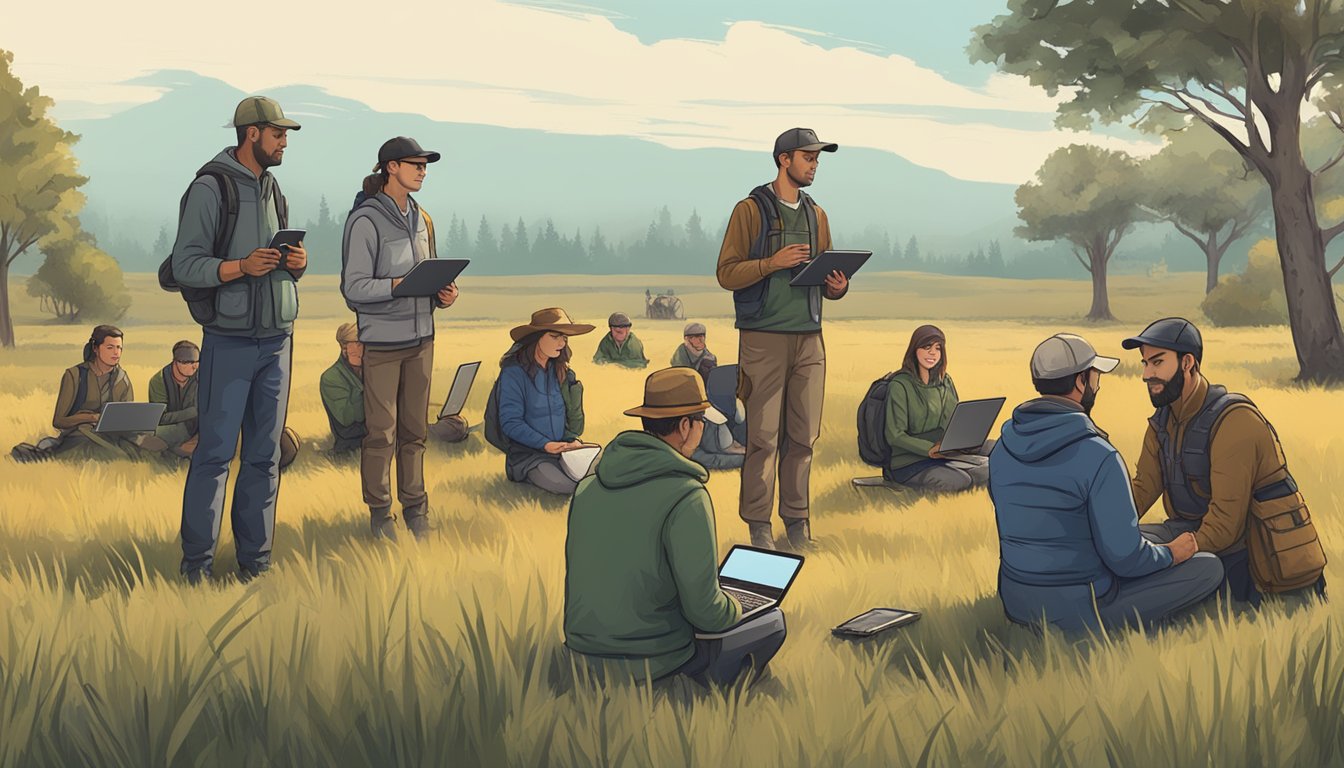 A group of people gather in an open field, using laptops and tablets to participate in an online hunter education and certification course