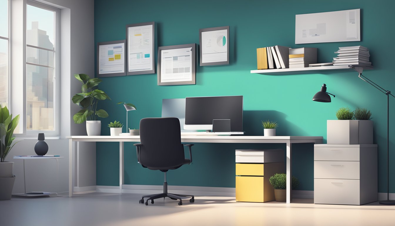 A sleek modern office with the company logo displayed prominently on the wall. A desk with a computer and stacks of papers