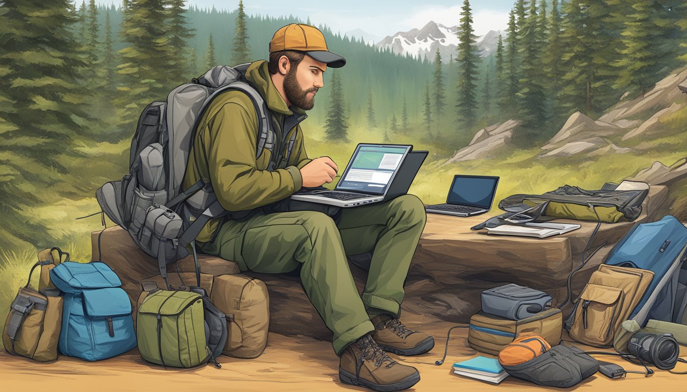 A hunter browsing a computer, surrounded by outdoor gear and educational materials