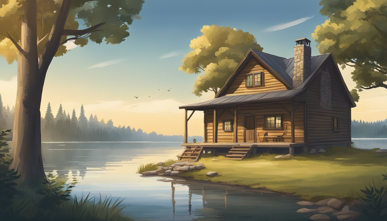 A hunter education center with a rustic cabin, surrounded by trees and a serene lake