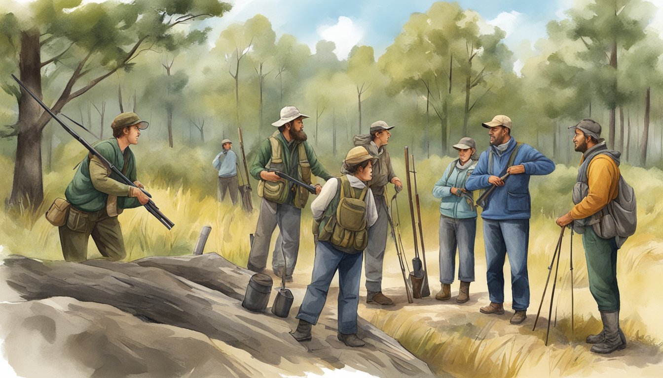 A group of people participating in hunter education activities outdoors