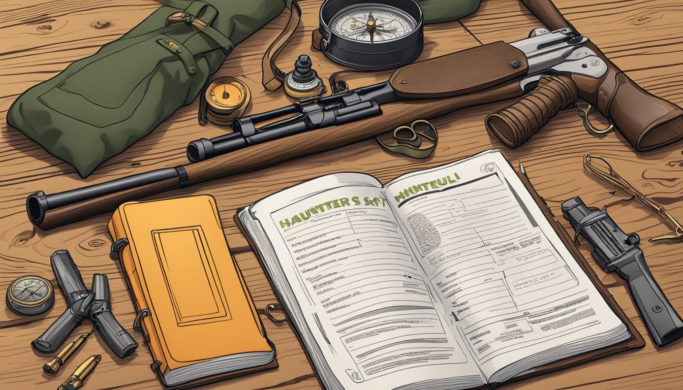 A hunter's safety manual open on a wooden table with a rifle, compass, and hunting gear scattered around