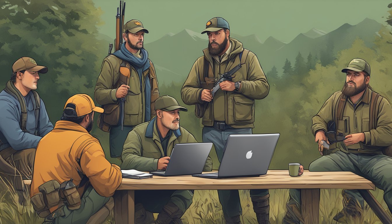 A group of hunters gather around a computer, engaged in an online hunter education field day, discussing ethical considerations and hunter responsibility