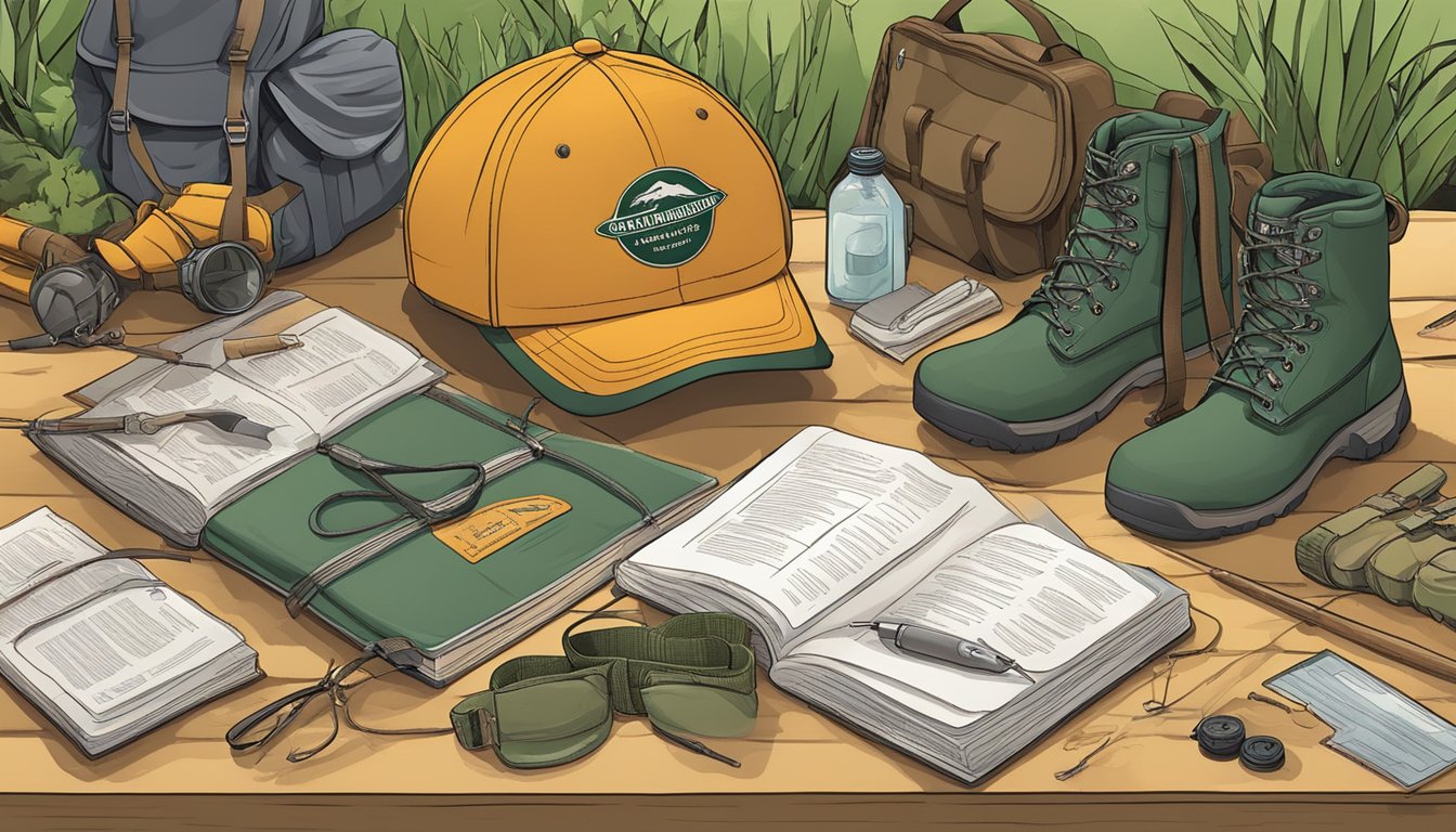 A hunter's safety manual surrounded by outdoor gear and wildlife imagery