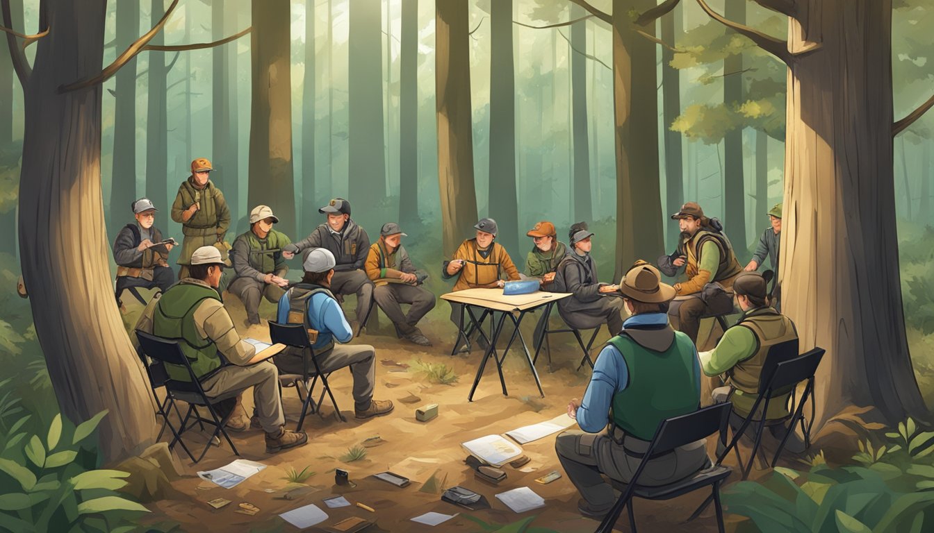 A hunter safety instructor teaching a class in a woodland setting with a variety of educational materials and equipment scattered around