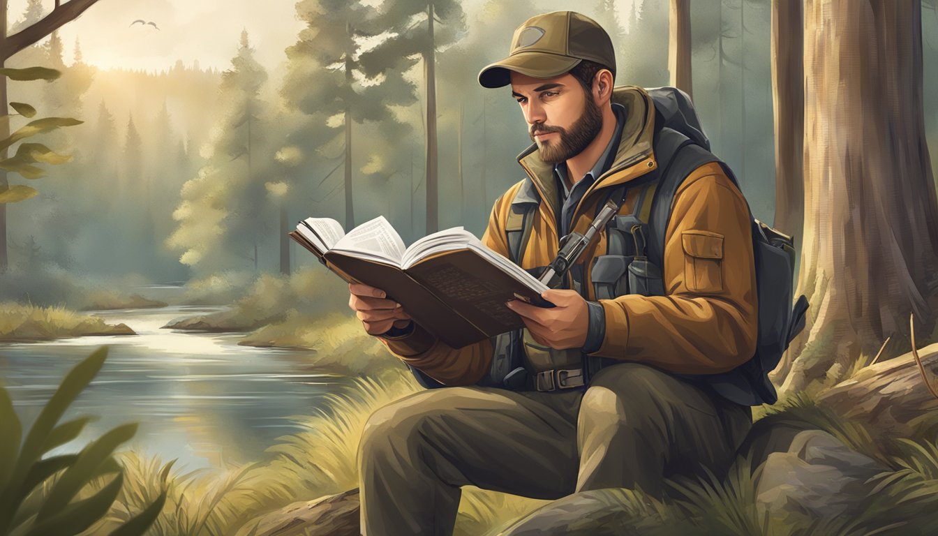 A hunter holding a firearm while reading a manual, surrounded by nature with a focus on safety and ethical hunting practices