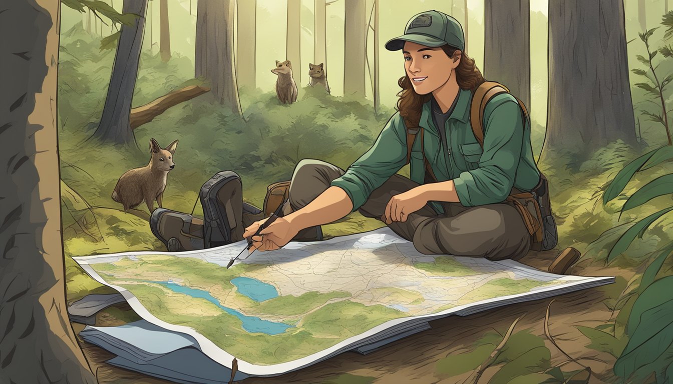 A hunter education major teaching outdoor skills in a forest clearing with a map, compass, and wildlife specimens on display