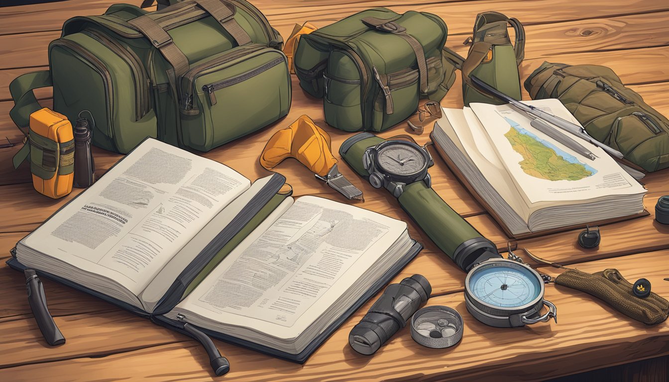 A hunter's education manual lying open on a wooden table, surrounded by hunting gear and safety equipment