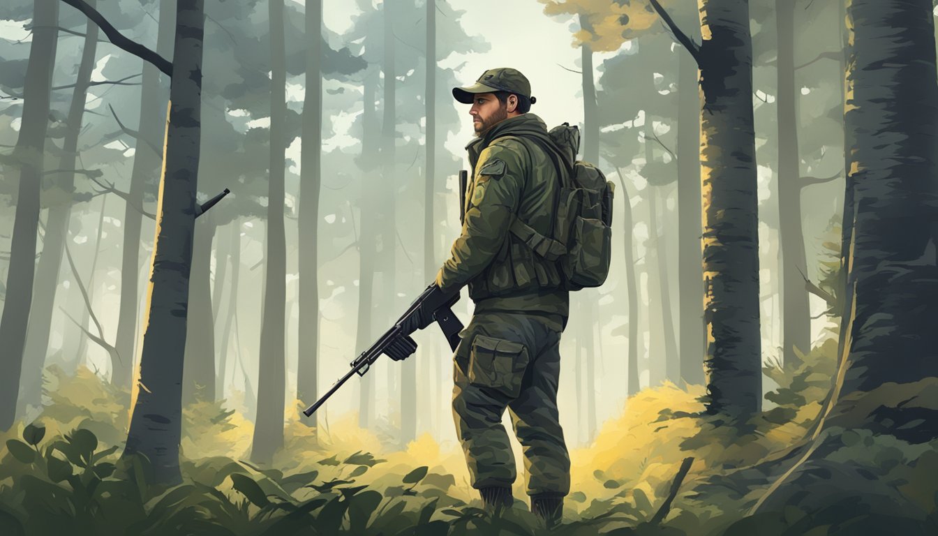 A hunter standing in a forest, holding a rifle and wearing camouflage gear, with a watchful gaze scanning the surroundings