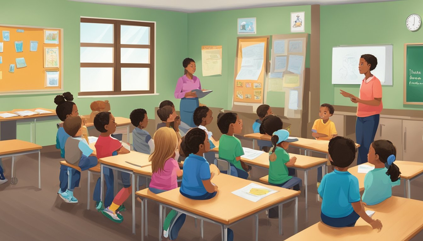 A group of children and adults gather in a classroom, listening to a teacher speak about hunter education. Visual aids and props are displayed around the room