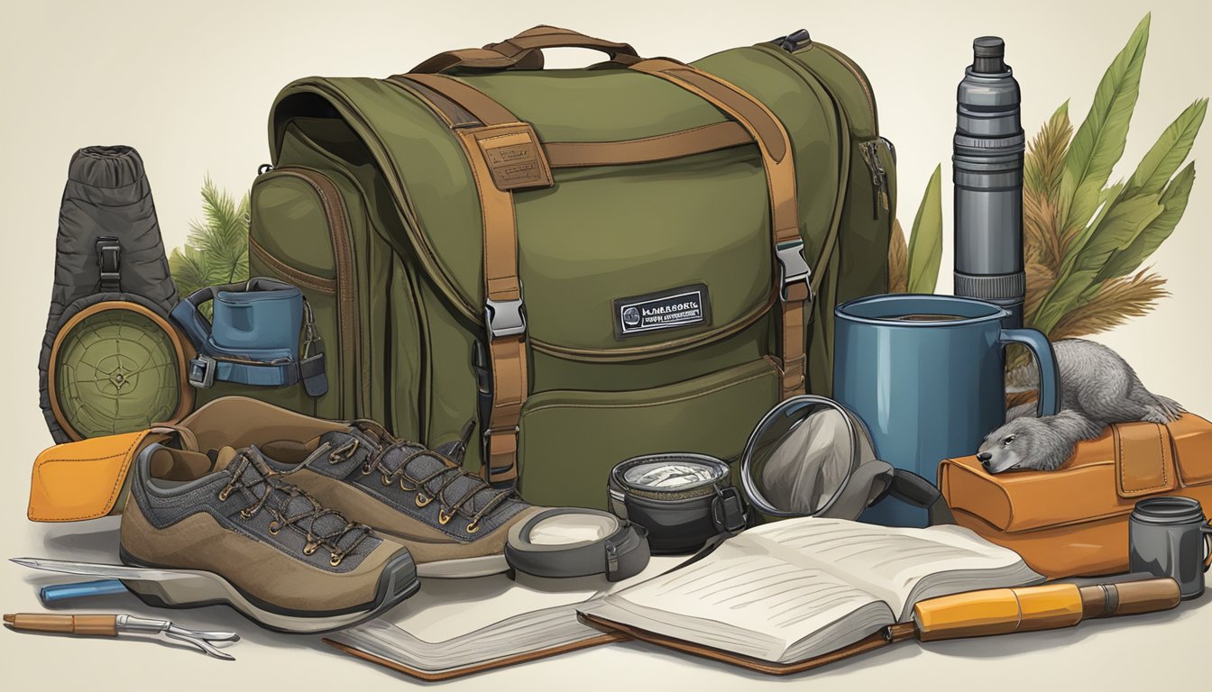 A hunter education manual surrounded by outdoor gear and wildlife illustrations