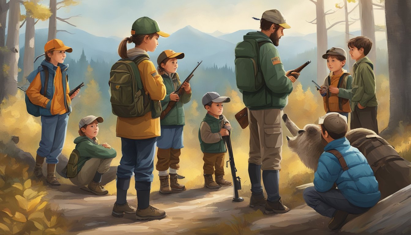 A group of children participating in a hunter education course, listening to an instructor and examining hunting gear